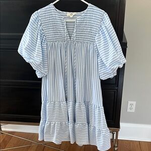 Entro Light Blue‎ and White Smocked Striped Dress